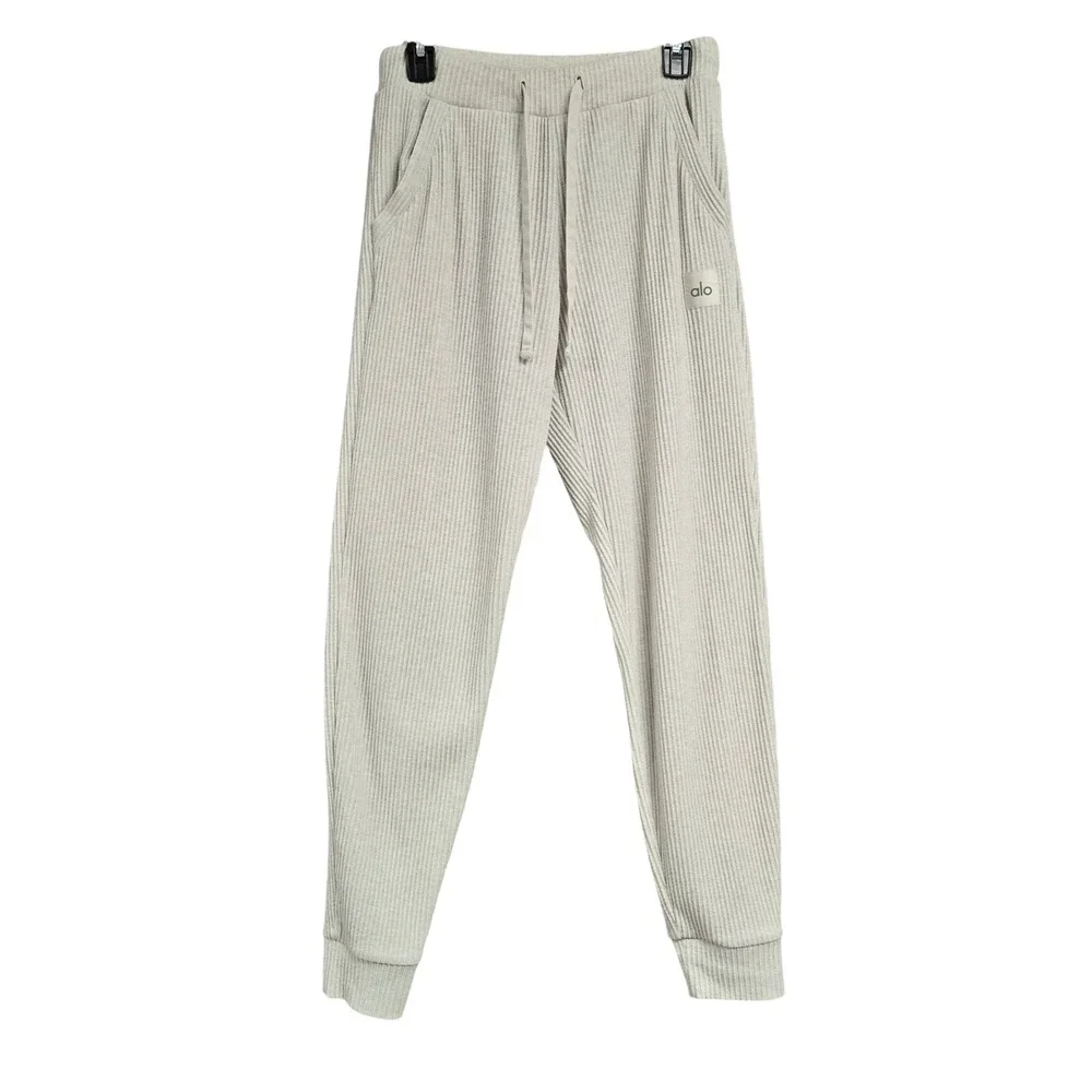 Alo Yoga Muse Ribbed Joggers Bone Heather Grey High Waist Lounge Pants Womens M